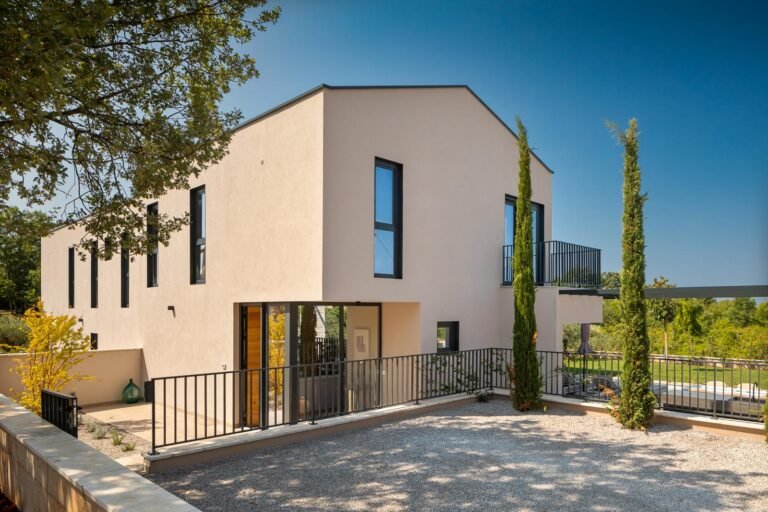 Modern luxury villa exterior with terrace and private pool in Istria