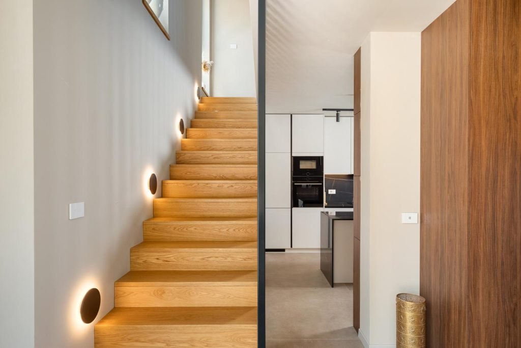 Modern wooden staircase inside luxury villa Casa Tia I in Istria